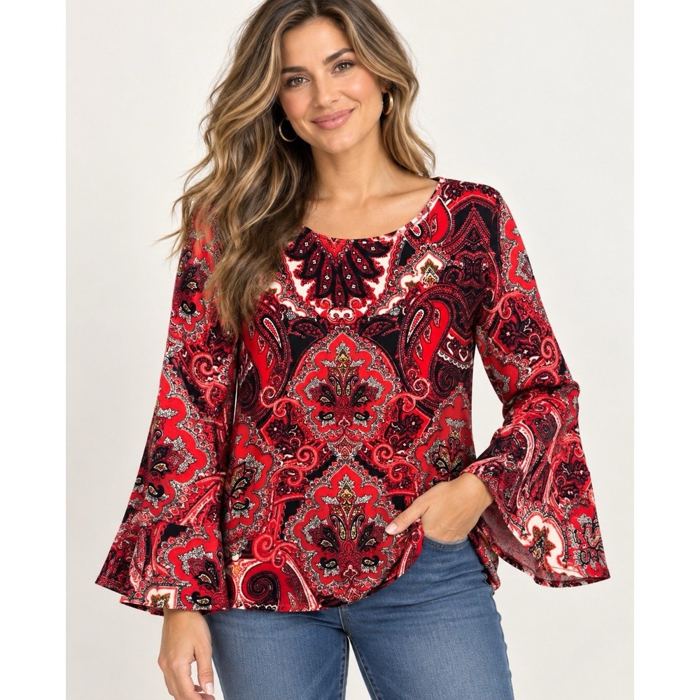 Chicos Red Paisley Boho Top Size 2/Large Bell Sleeves Velour Festival Holiday